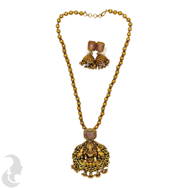 Mid Length Necklace- Lakshmi & Elephant Design- Baby Pink Stone- Gold Beads Necklace- Jhumkas, Product Code: V-1462