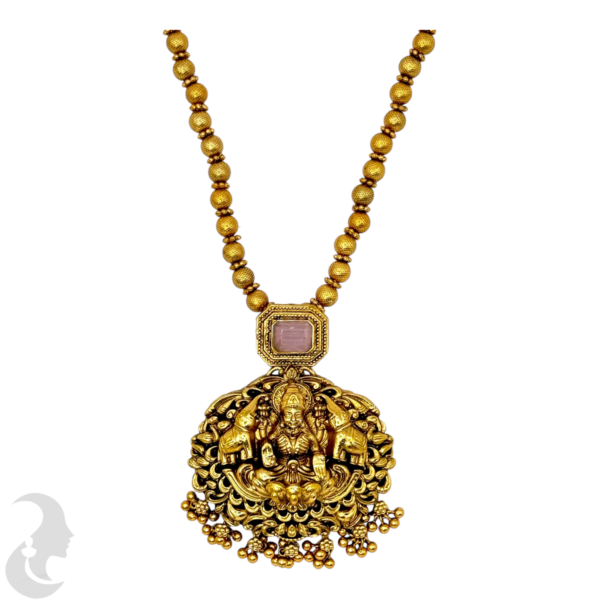 Mid Length Necklace- Lakshmi & Elephant Design- Baby Pink Stone- Gold Beads Necklace- Jhumkas, Product Code: V-1462 - Image 2