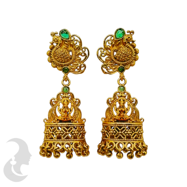 Premium Gold Jhumka- Peacock & Lakshmi Design- Green Color Stones, Product Code: V-1068