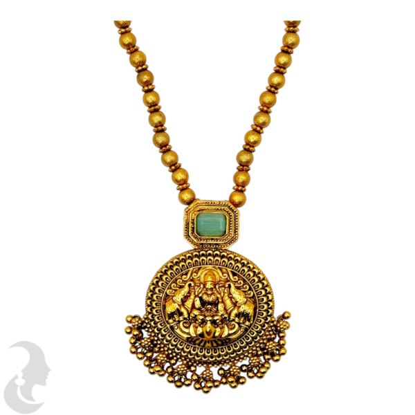 Mid Length Necklace- Lakshmi & Elephant Design- Mint Stone- Gold Beads Necklace- Jhumkas, Product Code: V-1463 - Image 2