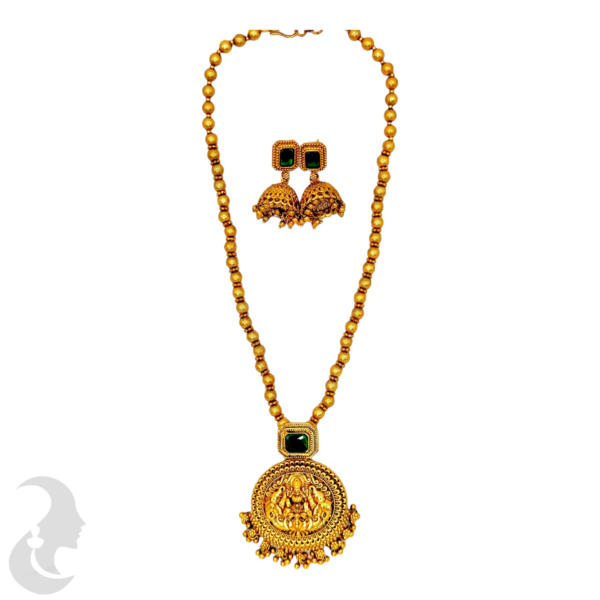 Mid Length Necklace- Lakshmi & Elephant Design- Dark Green Color Stone- Gold Beads Necklace- Jhumkas, Product Code: V-1464