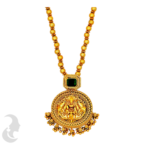 Mid Length Necklace- Lakshmi & Elephant Design- Dark Green Color Stone- Gold Beads Necklace- Jhumkas, Product Code: V-1464 - Image 2