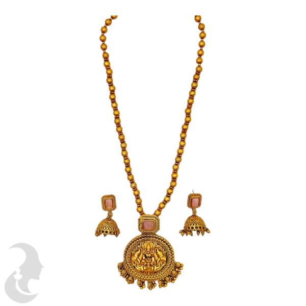 Mid Length Necklace- Lakshmi & Elephant Design- Baby Pink Stone- Gold Beads Necklace- Jhumkas, Product Code: V-1465