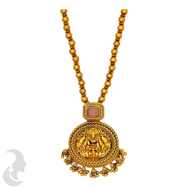 Mid Length Necklace- Lakshmi & Elephant Design- Baby Pink Stone- Gold Beads Necklace- Jhumkas, Product Code: V-1465 - Image 2