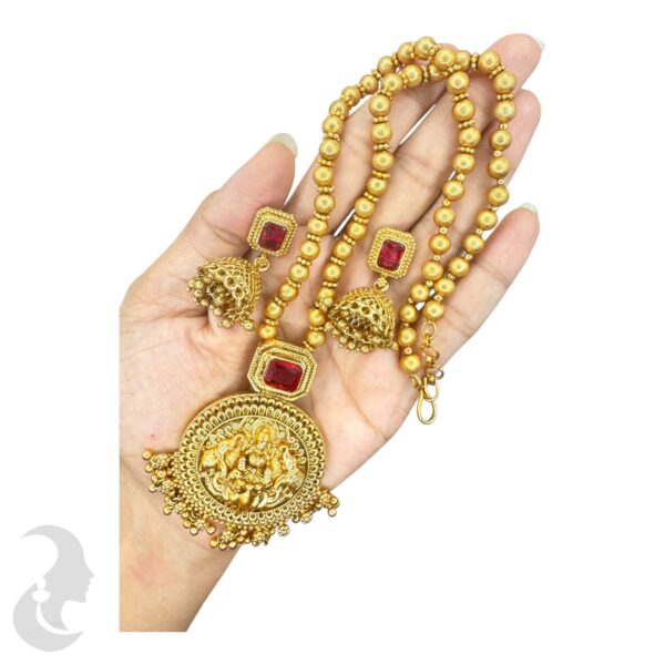 Mid Length Necklace- Lakshmi & Elephant Design- Ruby Color Stone- Gold Beads Necklace- Jhumkas, Product Code: V-1466 - Image 2