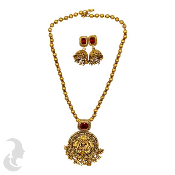 Mid Length Necklace- Lakshmi & Elephant Design- Ruby Color Stone- Gold Beads Necklace- Jhumkas, Product Code: V-1466