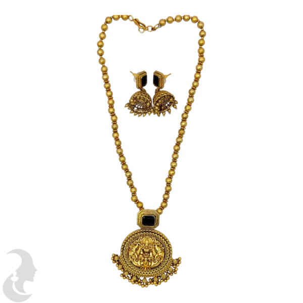 Mid Length Necklace- Lakshmi & Elephant Design- Black Stone- Gold Beads Necklace- Jhumkas, Product Code: V-1467