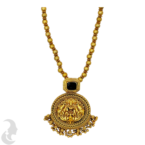 Mid Length Necklace- Lakshmi & Elephant Design- Black Stone- Gold Beads Necklace- Jhumkas, Product Code: V-1467 - Image 2