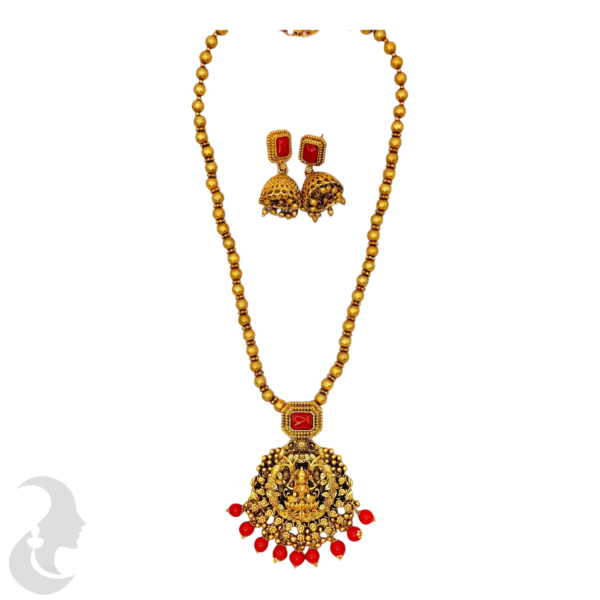 Mid Length Lakshmi & Leaf Design Coral Necklace- Removable Pendant With Coral Stone- Jhumkas, Product Code: V-1468