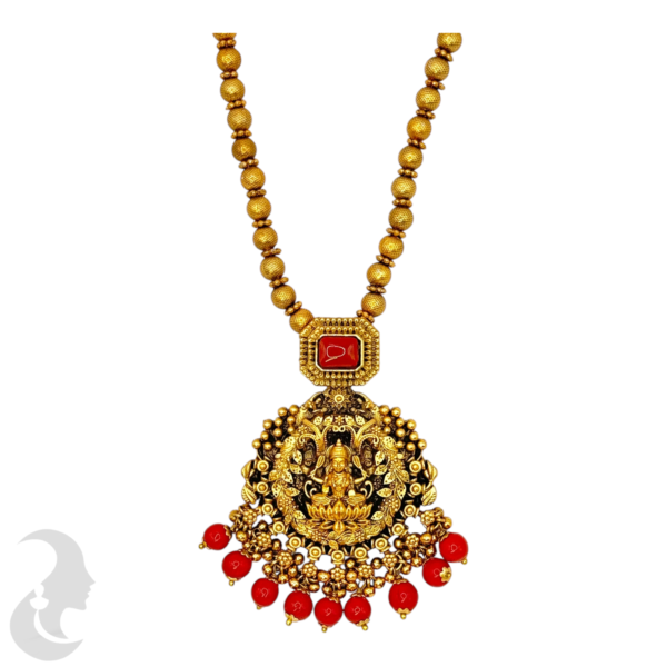 Mid Length Lakshmi & Leaf Design Coral Necklace- Removable Pendant With Coral Stone- Jhumkas, Product Code: V-1468 - Image 2