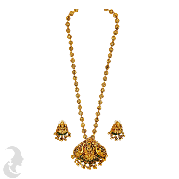 Mid Length Necklace- Lakshmi & Elephant Design- Ruby Color Stone- Gold Beads Necklace- Lakshmi Studs, Product Code: V-1469