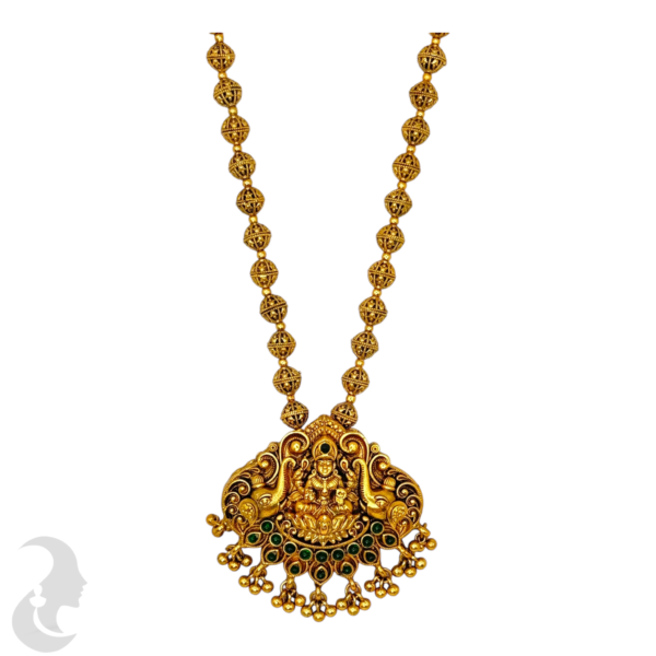 Mid Length Necklace- Lakshmi & Elephant Design- Ruby Color Stone- Gold Beads Necklace- Lakshmi Studs, Product Code: V-1469 - Image 2