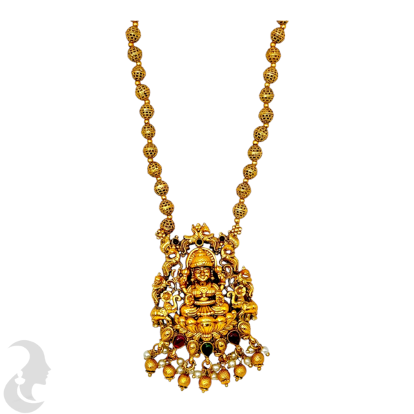 Mid Length Necklace- Lakshmi & Elephant Design- Gold & - Ruby Color & Green Color Stone- Gold Beads Necklace- Lakshmi Jhumkas, Product Code: V-1471 - Image 2