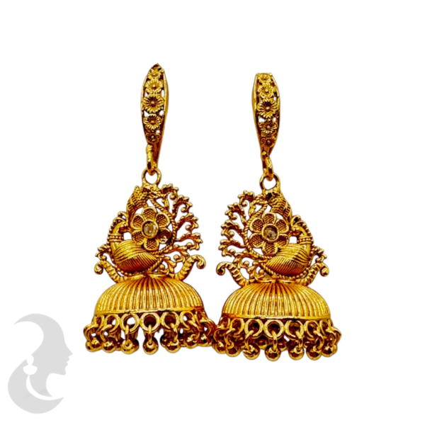 Premium Gold Jhumka- Peacock & Flower Design, Product Code: V-1069