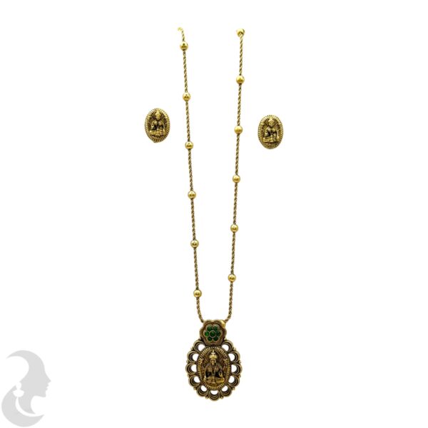 Mid Length Necklace- Lakshmi Design- Green Color Stone- Gold Beads Necklace- Studs, Product Code: V-1473