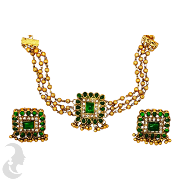 Antique Choker- Square Design- Gold Beads- Green Color Stones- Big Studs, Product Code: V-1481