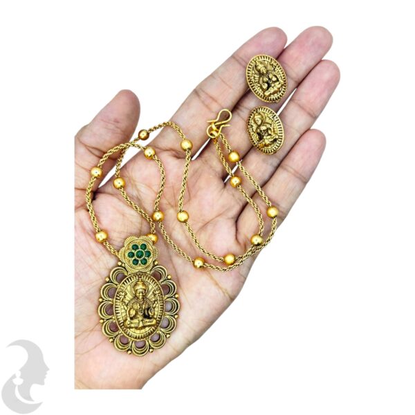 Mid Length Necklace- Lakshmi Design- Green Color Stone- Gold Beads Necklace- Studs, Product Code: V-1473 - Image 2