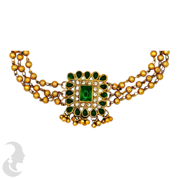 Antique Choker- Square Design- Gold Beads- Green Color Stones- Big Studs, Product Code: V-1481 - Image 2