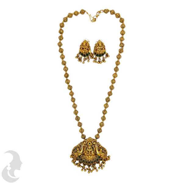 Mid Length Necklace- Lakshmi & Elephant Design- Green Color Stone- Gold Beads Necklace- Studs, Product Code: V-1474