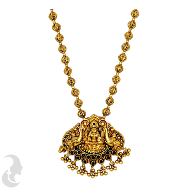 Mid Length Necklace- Lakshmi & Elephant Design- Green Color Stone- Gold Beads Necklace- Studs, Product Code: V-1474 - Image 2