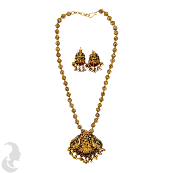 Mid Length Necklace- Lakshmi & Elephant Design- Ruby Color Stone- Gold Beads Necklace- Studs, Product Code: V-1475