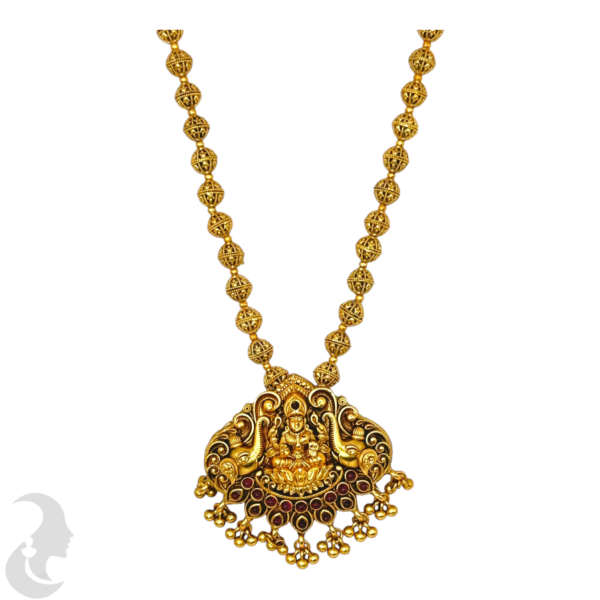 Mid Length Necklace- Lakshmi & Elephant Design- Ruby Color Stone- Gold Beads Necklace- Studs, Product Code: V-1475 - Image 2