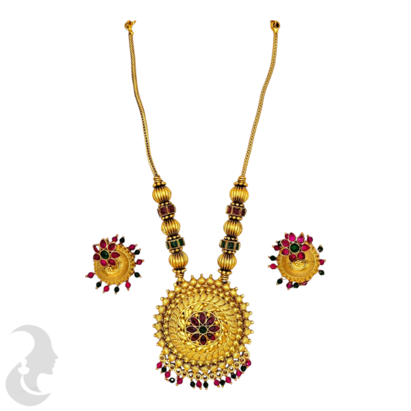 Mid Length Necklace- Flower Design- Green & Ruby Color Hangings- Green Color & Ruby Color Stones- Jhumkas, Product Code: V-1477