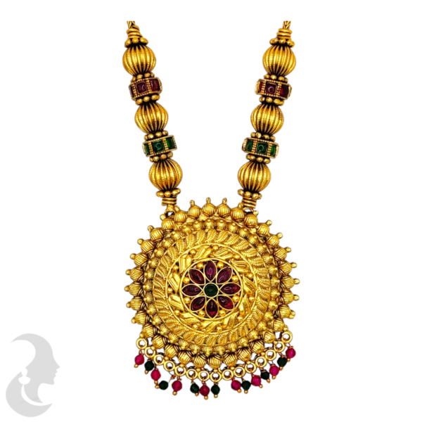 Mid Length Necklace- Flower Design- Green & Ruby Color Hangings- Green Color & Ruby Color Stones- Jhumkas, Product Code: V-1477 - Image 2