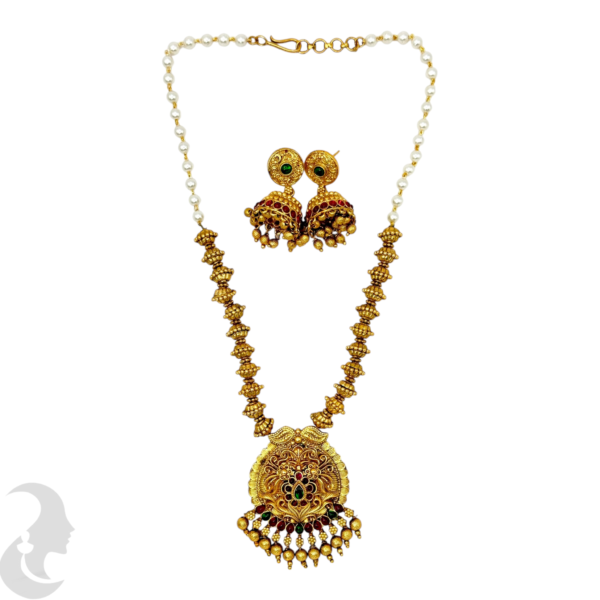 Mid Length Necklace- Unique Design- Ruby & Green Color Stones- Gold & Pearl Necklace- Jhumkas , Product Code: V-1478