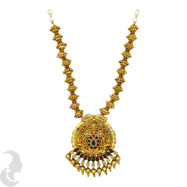 Mid Length Necklace- Unique Design- Ruby & Green Color Stones- Gold & Pearl Necklace- Jhumkas , Product Code: V-1478 - Image 2