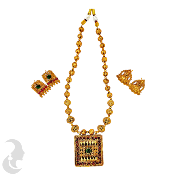 Mid Length Necklace- Square Pendant- One Side Lakshmi Design- Ruby & Green Color Stones- Gold Beads Necklace- Two Pairs Of Studs, Product Code: V-1479