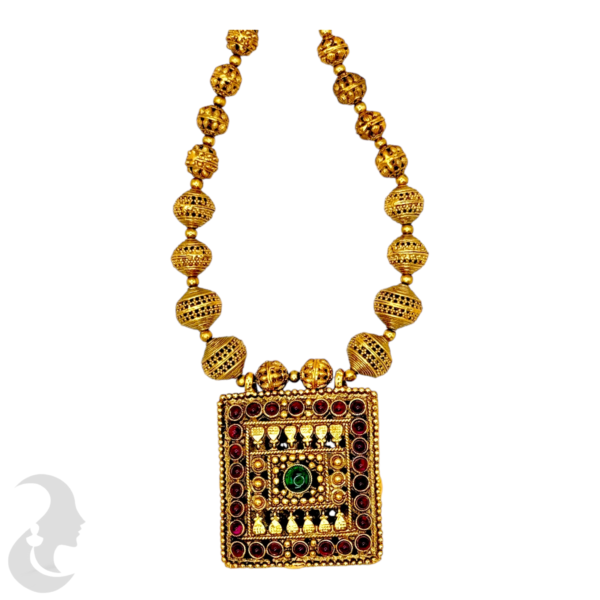 Mid Length Necklace- Square Pendant- One Side Lakshmi Design- Ruby & Green Color Stones- Gold Beads Necklace- Two Pairs Of Studs, Product Code: V-1479 - Image 2