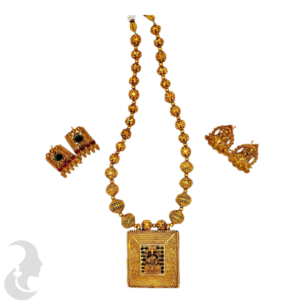 Mid Length Necklace- Square Pendant- One Side Lakshmi Design- Ruby & Green Color Stones- Gold Beads Necklace- Two Pairs Of Studs, Product Code: V-1479 - Image 3