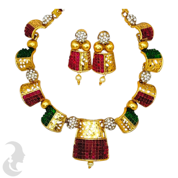 Short Necklace- Unique Design- Ruby  & Green Color Stones- Studs, Product Code: V-1480