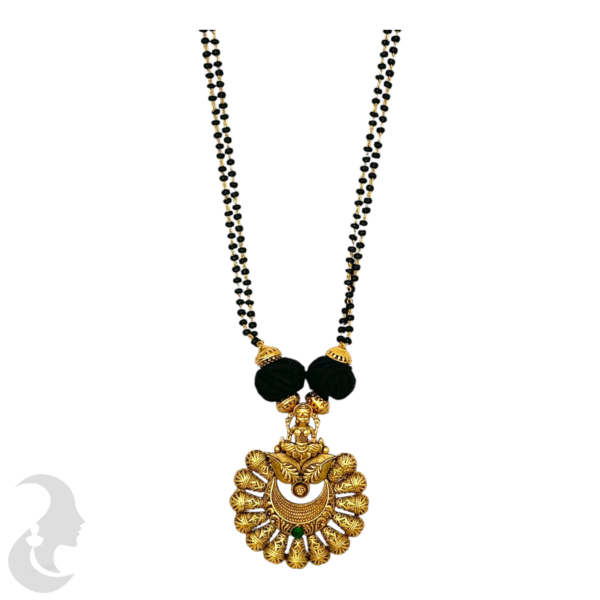 Black Necklace(Kari Mani Mala)- Lakshmi Design- Green Color Stones- Lakshmi Studs, Product Code: V-1484 - Image 2