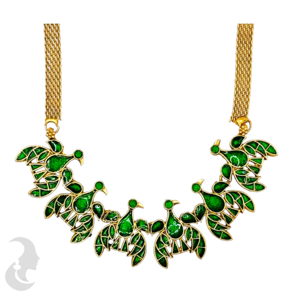 Choker- Green Color Color & Green Color Stones- Bird Design- Studs, Product Code: V-1487 - Image 2