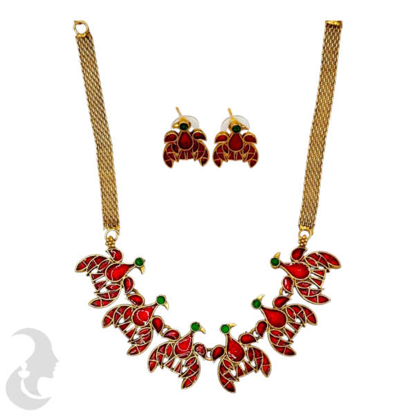 Choker- Red & Green Color Stones- Bird Design- Studs, Product Code: V-1489