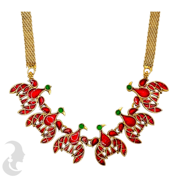 Choker- Red & Green Color Stones- Bird Design- Studs, Product Code: V-1489 - Image 2