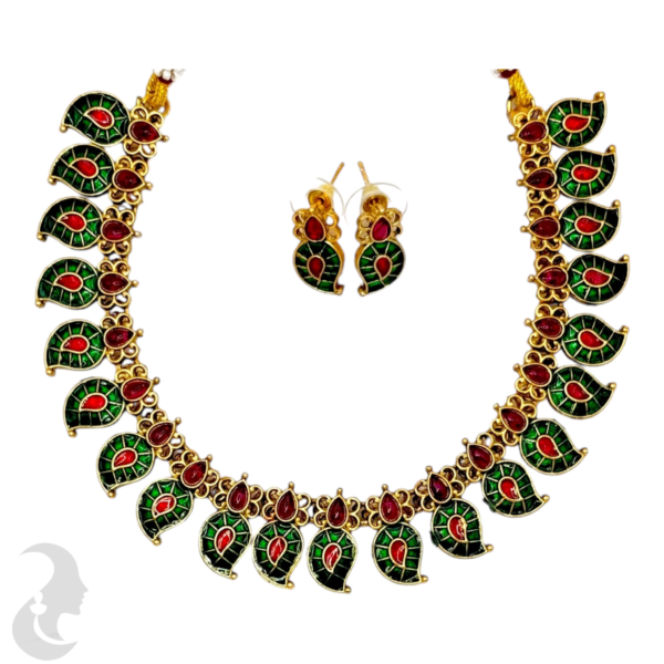 Mango Necklace- Green & Ruby Color Stones- Studs, Product Code: V-1492