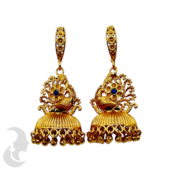 Premium Gold Jhumka- Peacock & Flower Design- Black Stone, Product Code: V-1071