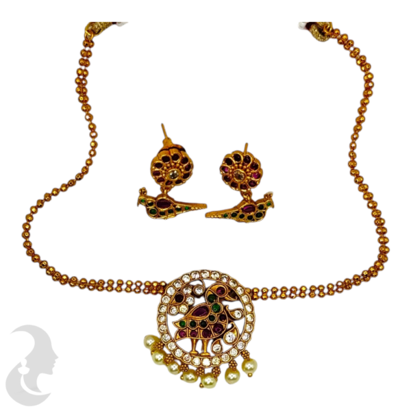 AD Short Necklace- Bird Design- Ruby & Green Color Stones- Studs, Product Code: V-1496