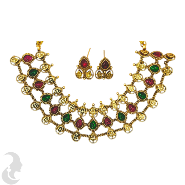 3 Layer Necklace- Ruby & Green Color Stones- Studs, Product Code: V-1497