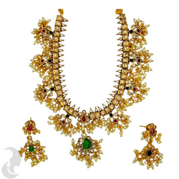 Antique AD Short Necklace- Green, Ruby & AD Stones- Studs, Product Code: V-1499