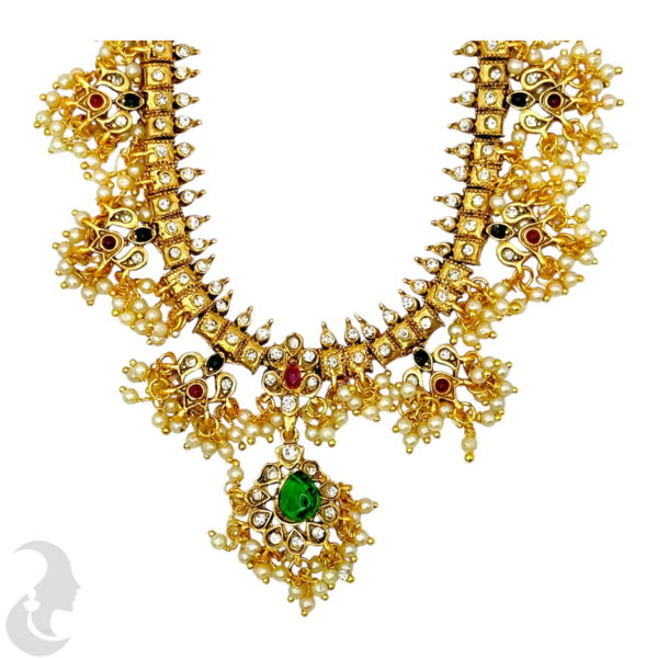 Antique AD Short Necklace- Green, Ruby & AD Stones- Studs, Product Code: V-1499 - Image 2