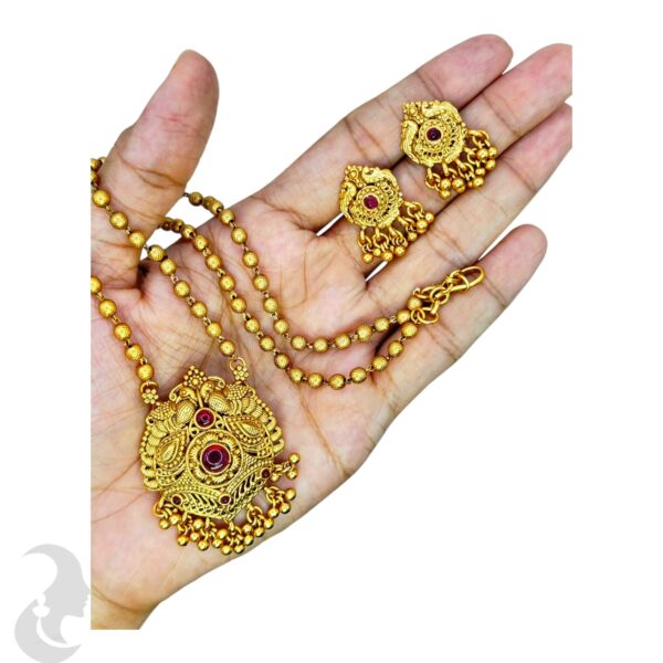 Antique Necklace- Gold Beads Necklace- Ruby Color Stones- Peacock Design- Studs, Product Code: V-1502 - Image 2