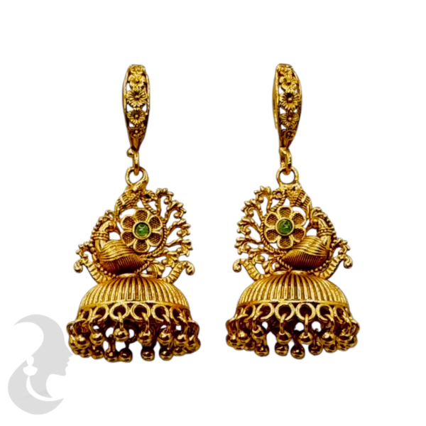 Premium Gold Jhumka- Peacock & Flower Design- Green Color Stone, Product Code: V-1072