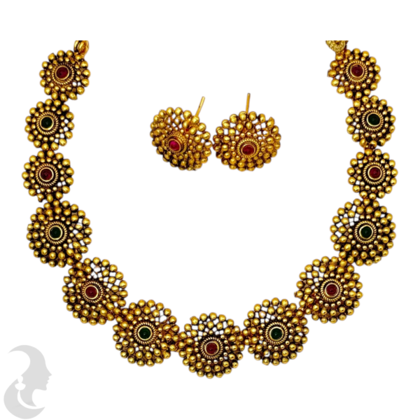 Short Necklace- Ruby  & Green Color Stones- Studs, Product Code: V-1504