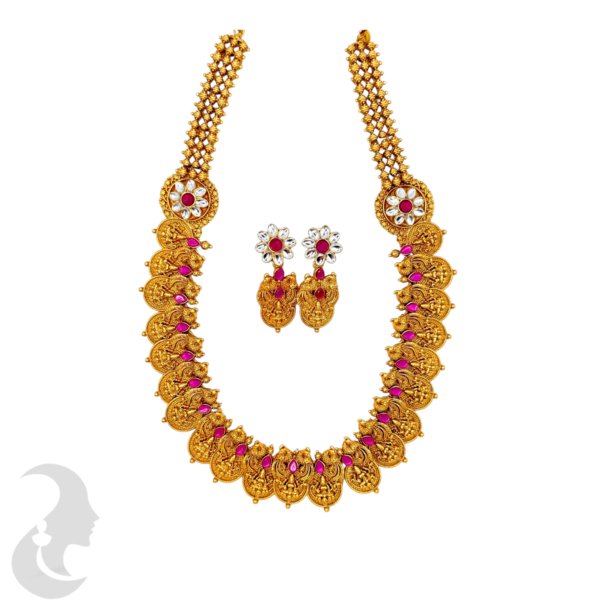 Long Haram- Lakshmi & Peacock Design- Coin Necklace-Pink Stones- Lakshmi Studs, Product Code: V-1506