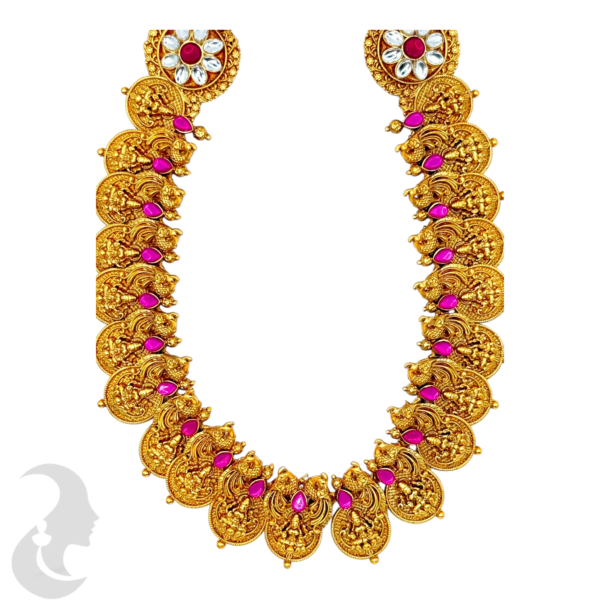 Long Haram- Lakshmi & Peacock Design- Coin Necklace-Pink Stones- Lakshmi Studs, Product Code: V-1506 - Image 2