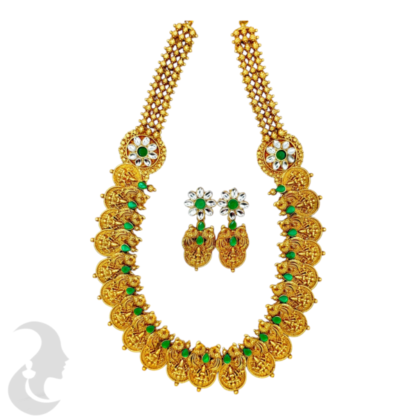 Long Haram- Lakshmi & Peacock Design-Coin Necklace- Green Color Stones- Lakshmi Studs, Product Code: V-1507